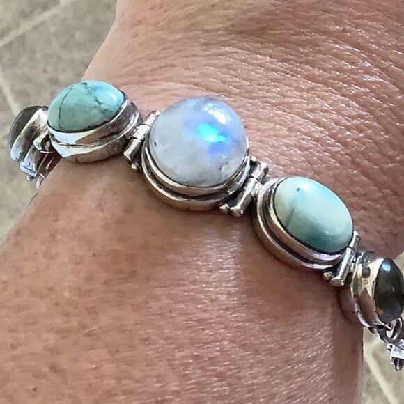 sterling SILVER VINTAGE MOON/LABRADORITE/LARIMAR STONE BRACELET - Picture 3 of 10